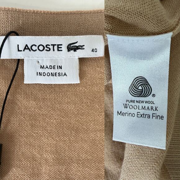 LACOSTE NWOT 100% Merino Wool Classic Cardigan in Tan Size 44/ M - Picture 10 of 12